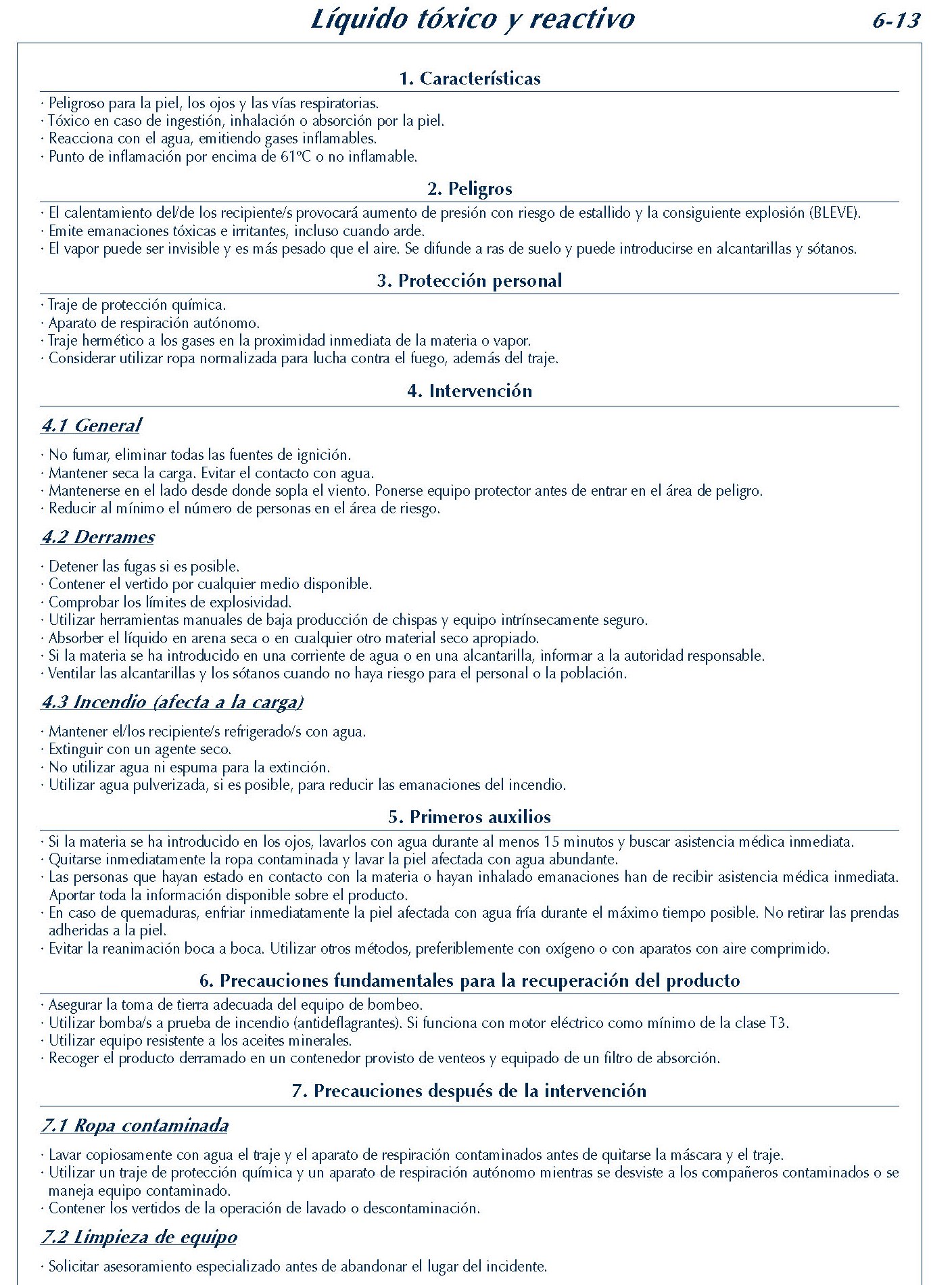 250 FICHA 6-13 LIQUIDO TOXICO REACTIVO FICHAS EMERGENCIA